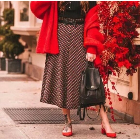 Anthropologie Dresses & Skirts - NWT Anthropologie Maeve M Chevron Shine Skirt Midi Metallic Red Gold Sparkle